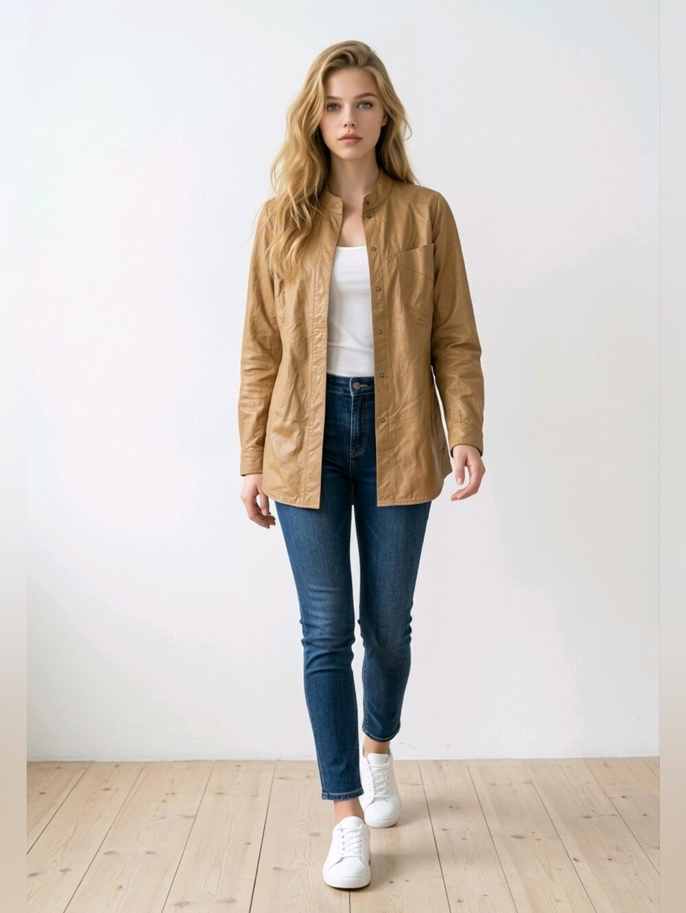 Womens Tan Sheepskin Leather Shirt Jacket